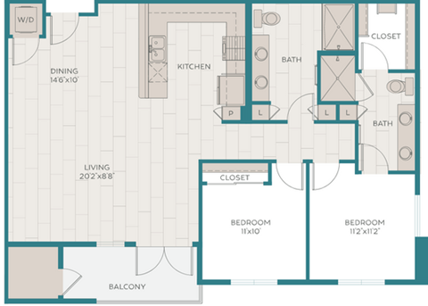 Floor plan for 2 beds, 2 baths, 1235 sqft